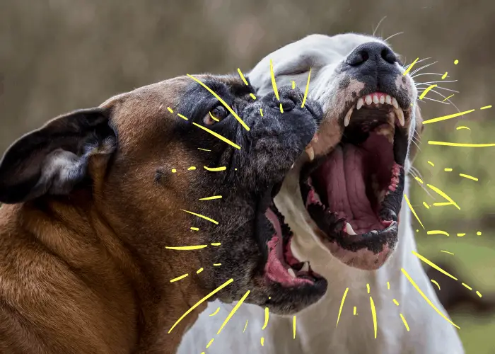 2 dogs showing their jowls for protection