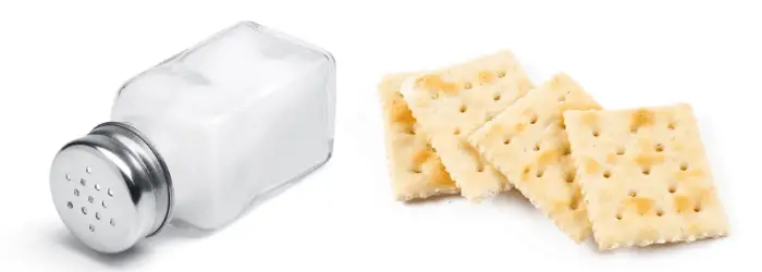 4 crackers and a bottle of salt on white background