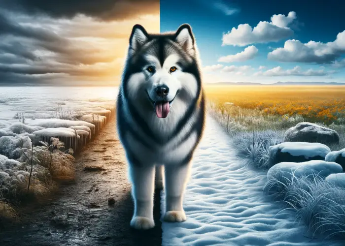 Alaskan Malamute at the center strikingly portrays the breed's adaptability to different climates