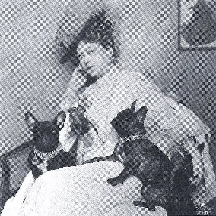 Anna-Maria Sacher with her French bulldogs in 1908