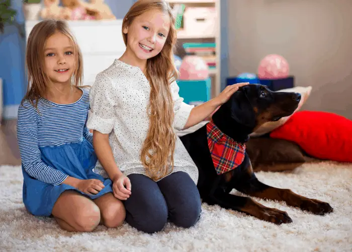  Doberman Pinscher with 2 young girls