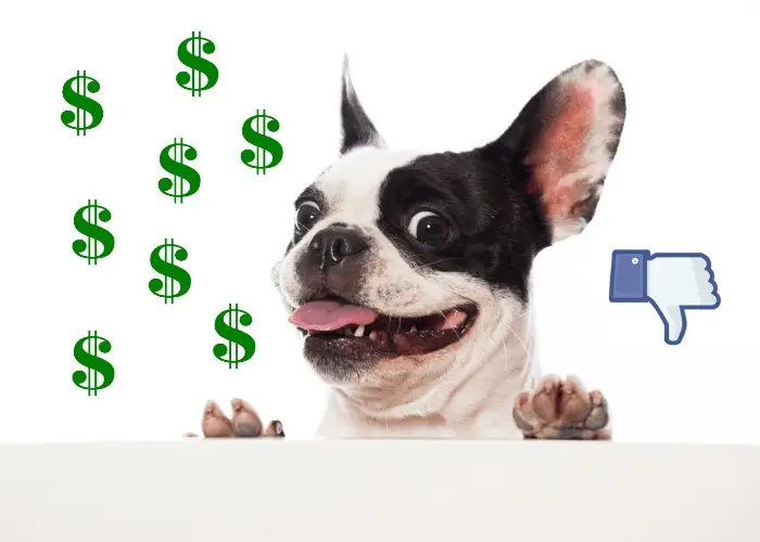 Funny French bulldog with dollar and dislike sign