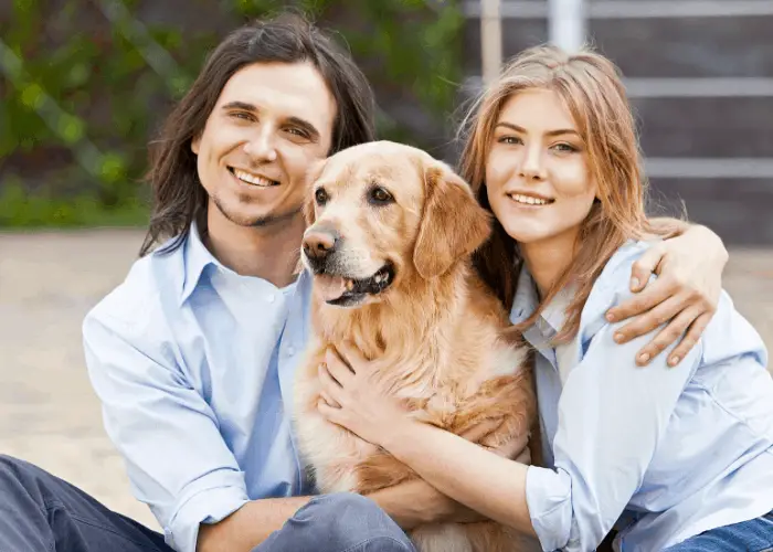 Golden retriever being hugged by a couple