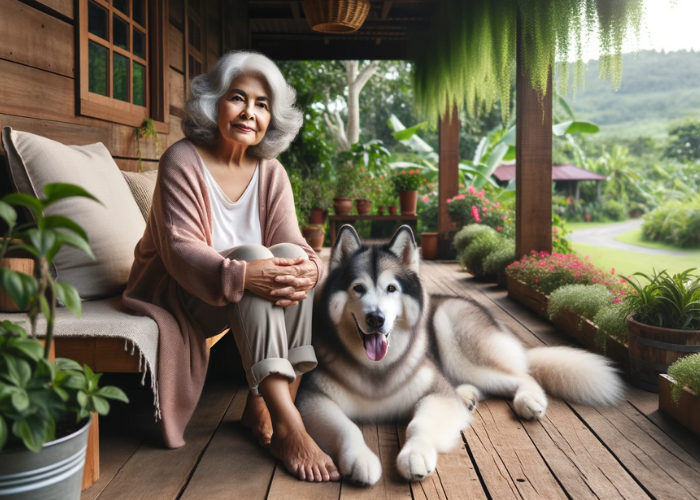 an older woman with Hispanic descent sitting on a wooden porch, her Alaskan Malamute laying comfortably next to her,
