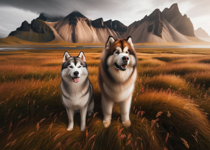 Wide photo of an Alaskan Malamute and a Siberian Husky standing on a vast grassy field with mountains in the background