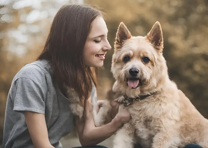 a female dog owner talking to her dog