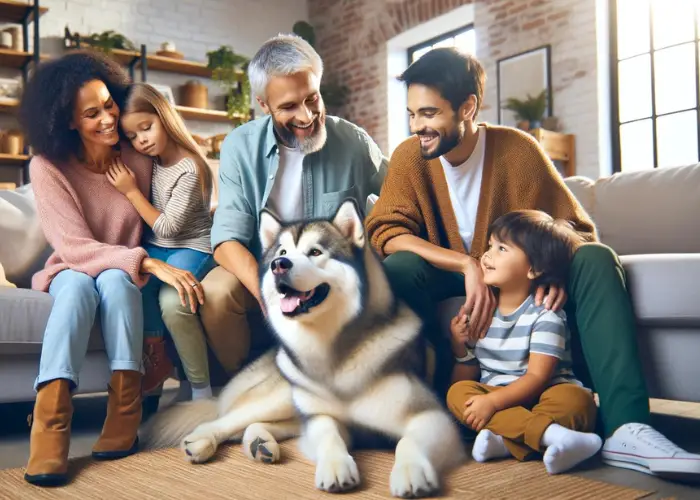 a heartwarming family scene with an Alaskan Malamute