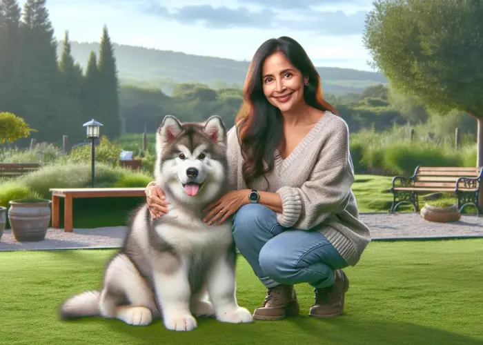 a lady with her alaskan malamute in an outdoor setting