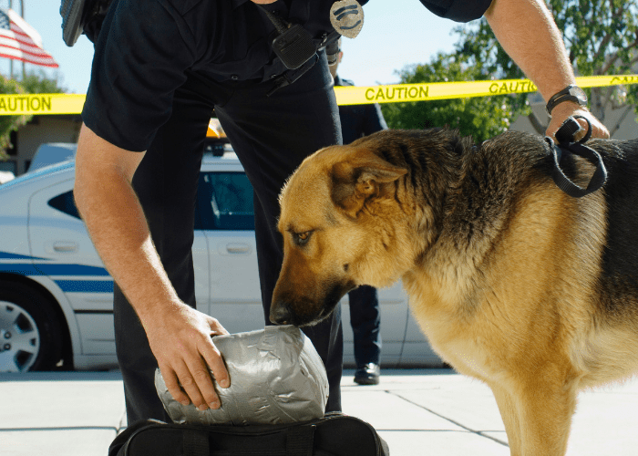 a police dog sniffing a bag to find narcotics