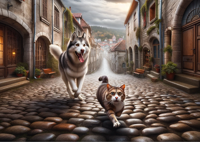 a startled cat dashing across a cobblestone alley with an Alaskan Malamute in hot pursuit, old buildings framing the scene