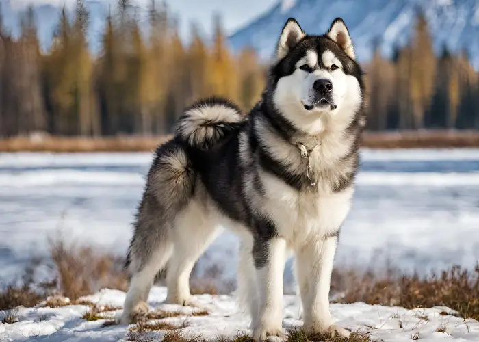 alaskan malamute in a snowy background