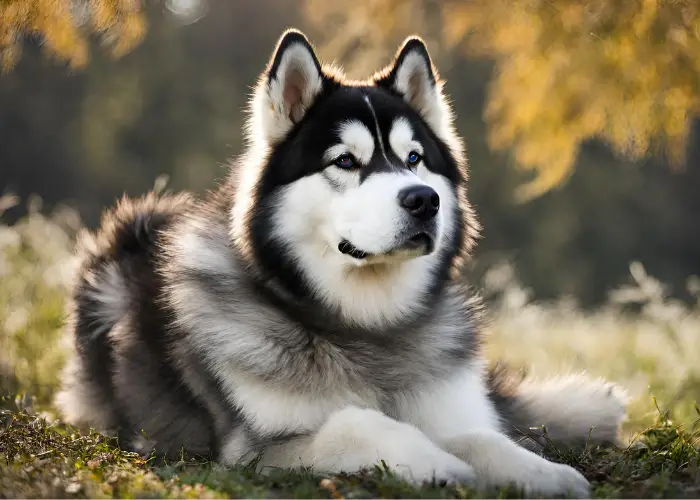 alaskan malamute sitting in a forest background