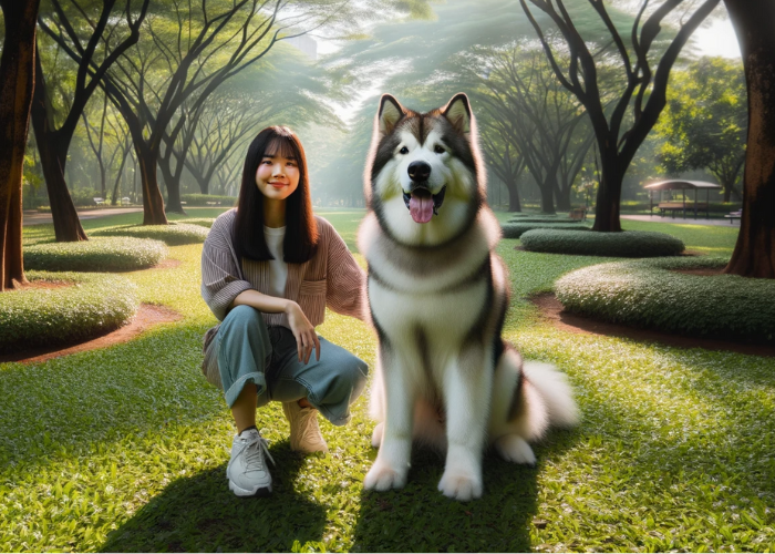 an Alaskan Malamute sitting obediently in a sunlit park, with its female owner of Asian descent kneeling beside it, both surrounded by lush greenery