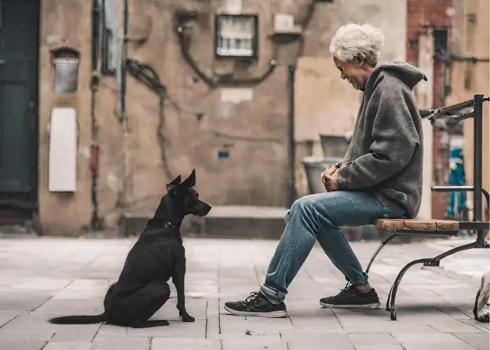 an elderly lady with her black dog in a street