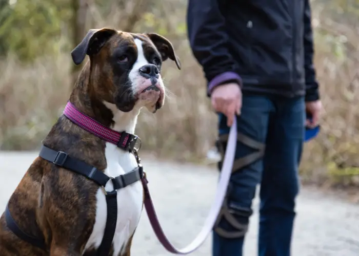 boxer dog on a leash with male owner 