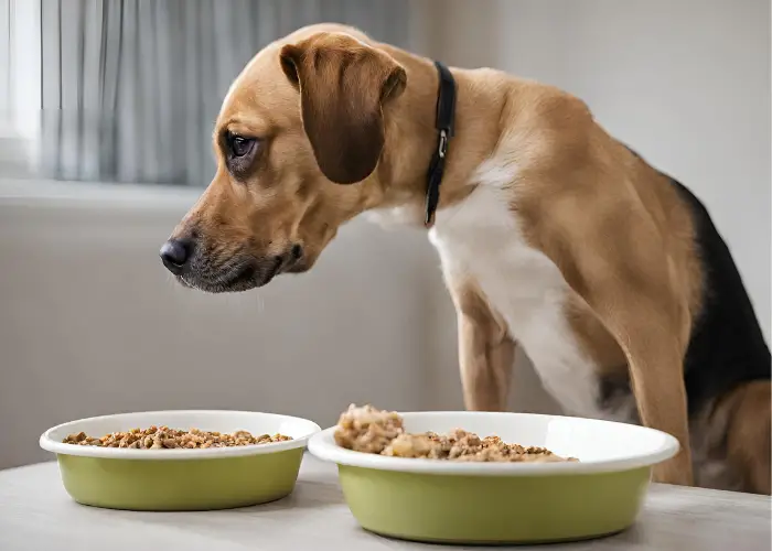 dog with 2 bowls of food on the table