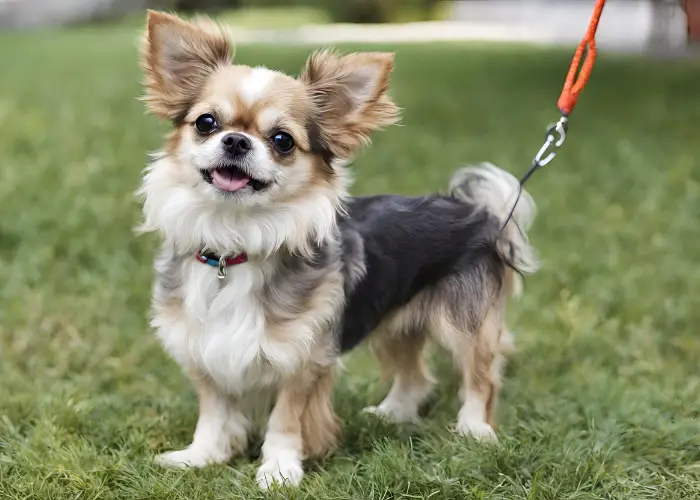shichi dog breed on a leash