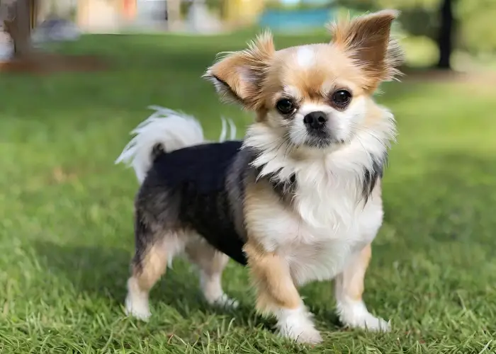 shih tzu chihuahua mixed dog breed standing on the lawn