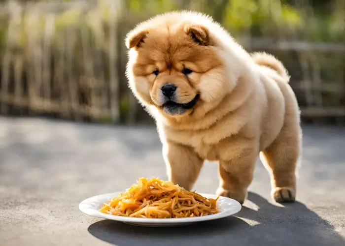 teacup chow chow looking at its food