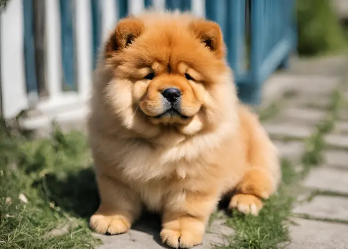 teacup chow chow standing beside a fence