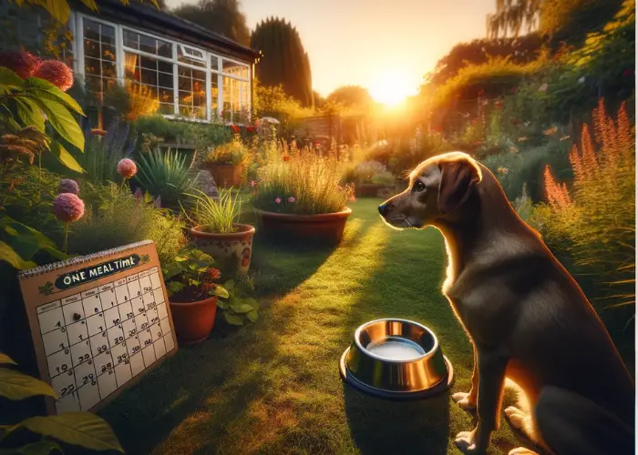 the concept of the drawbacks of once-a-day dog feeding, set in a beautiful backyard garden at sunset. 